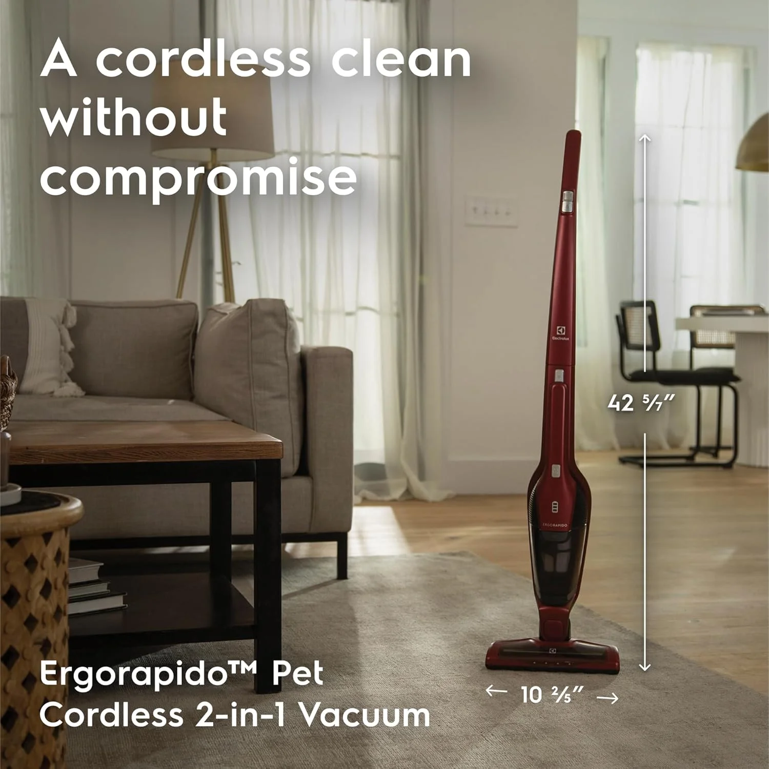 جاروبرقی عصایی سبک و بدون سیم Electrolux Ergorapido Pet با چراغ‌های LED و باتری توربو، برای از بین بردن موی حیوانات خانگی از فرش و سطوح سخت، رنگ قرمز فلفلی (بازسازی شده)