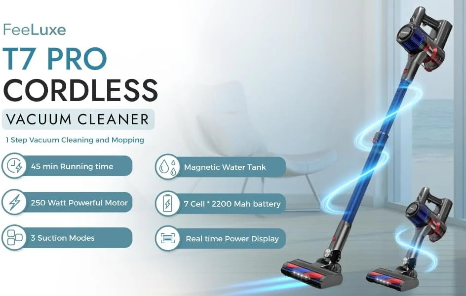 جاروبرقی عصایی شارژی خشک/مرطوب FeeLuxe - جاروبرقی بی سیم دستی 6 در 1 با 45 دقیقه زمان کارکرد، مکش قدرتمند 250 واتی 24000PA برای خانه، کف چوبی سخت، فرش، موی حیوانات خانگی، ماشین (T7 Pro)