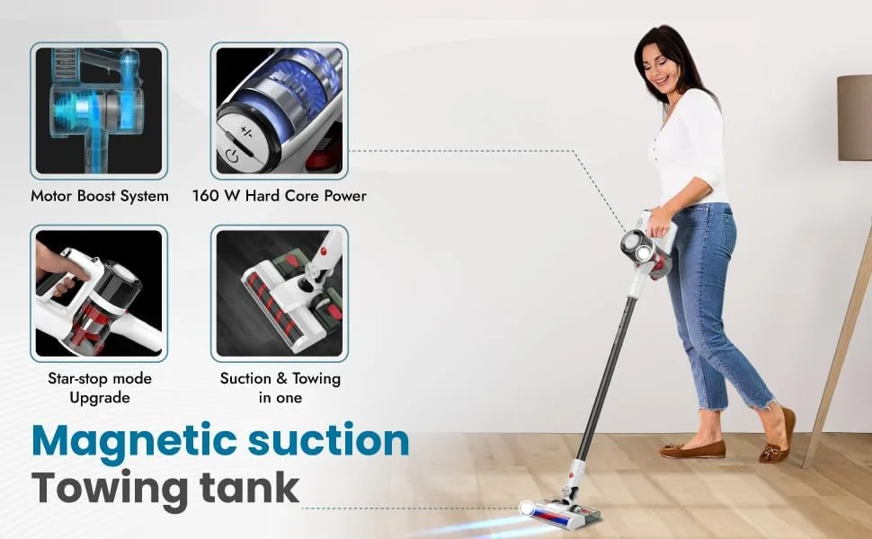 جاروبرقی عصایی شارژی B5 - جاروبرقی بی سیم دستی با باتری جداشدنی و مکش قدرتمند برای کف چوبی سخت منزل، فرش، موی حیوانات خانگی، خودرو