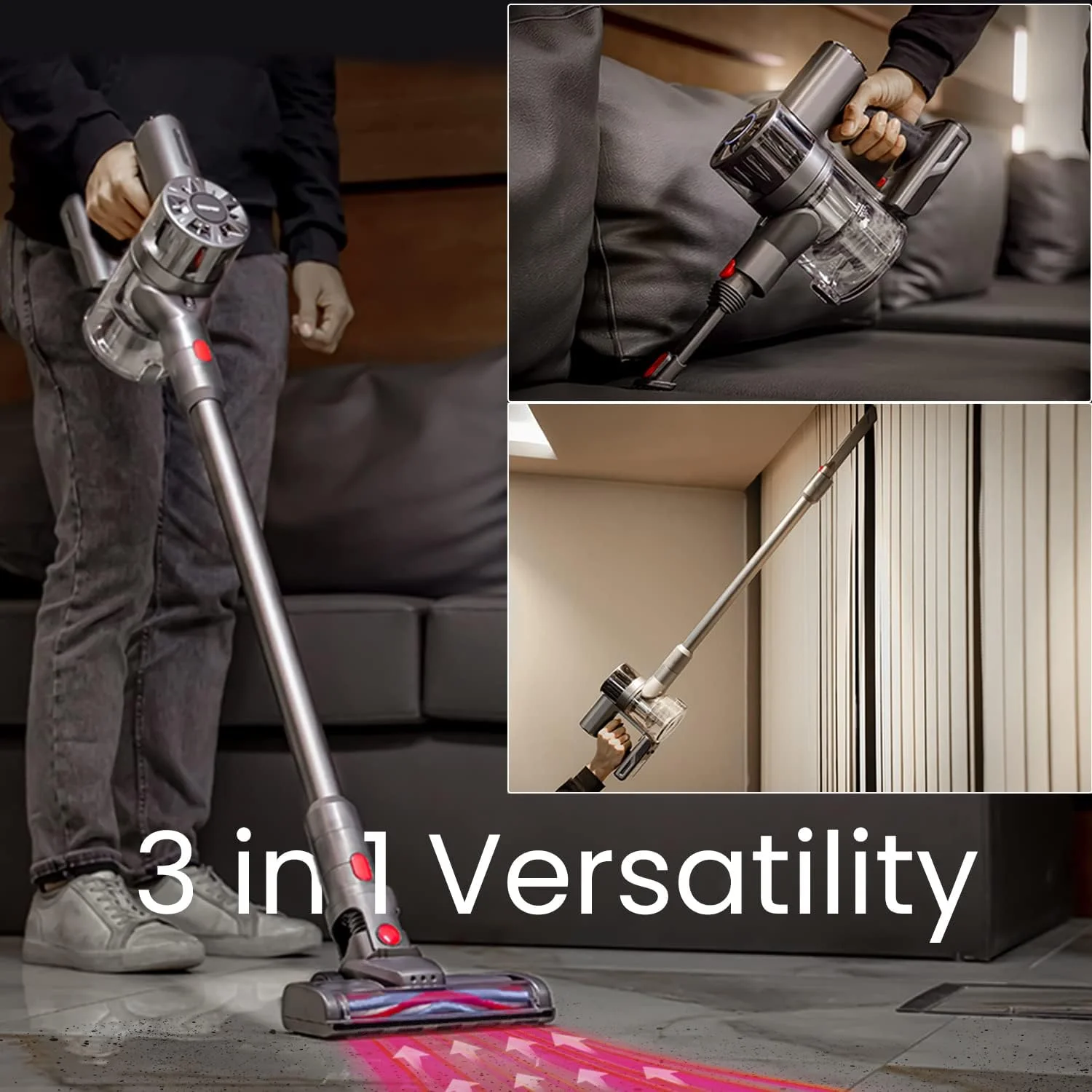 جاروبرقی عصایی و دستی بی‌سیم 2 در 1 Geepas - باتری لیتیومی قدرتمند 22.2 ولت قابل شارژ و برس LED، مناسب برای کف سخت، فرش، خانه - سبک وزن، فیلتراسیون HEPA فشرده