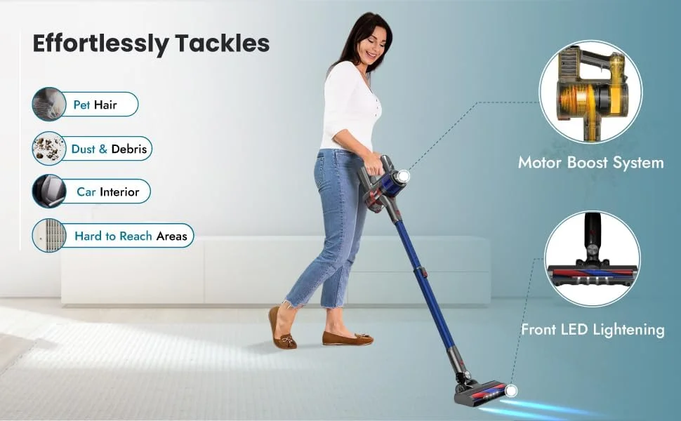 جاروبرقی عصایی شارژی خشک/مرطوب FeeLuxe - جاروبرقی بی سیم دستی 6 در 1 با 45 دقیقه زمان کارکرد، مکش قدرتمند 250 واتی 24000PA برای خانه، کف چوبی سخت، فرش، موی حیوانات خانگی، ماشین (T7 Pro)