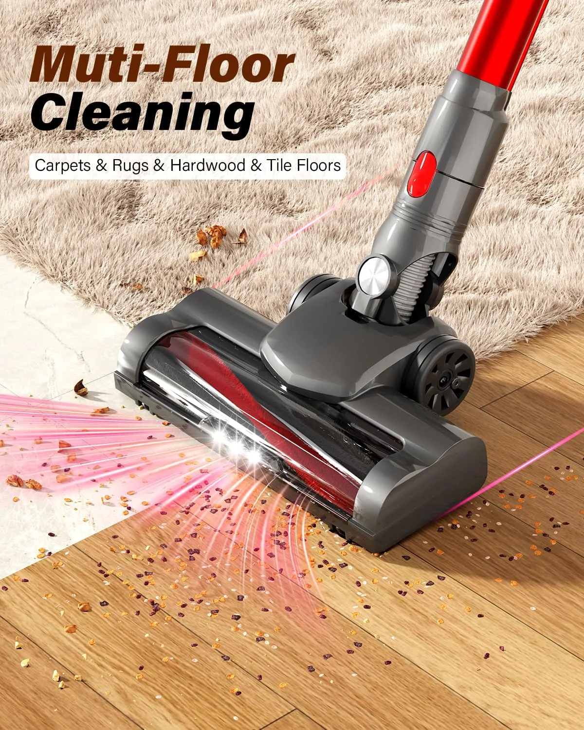 جاروبرقی عصایی شارژی Floisdace، 450 وات/45 کیلو پاسکال، جاروبرقی سبک وزن برای خانه، جاروبرقی ایستاده با باتری قابل جدا شدن، برای موی حیوانات خانگی، فرش و کف خانه، قرمز