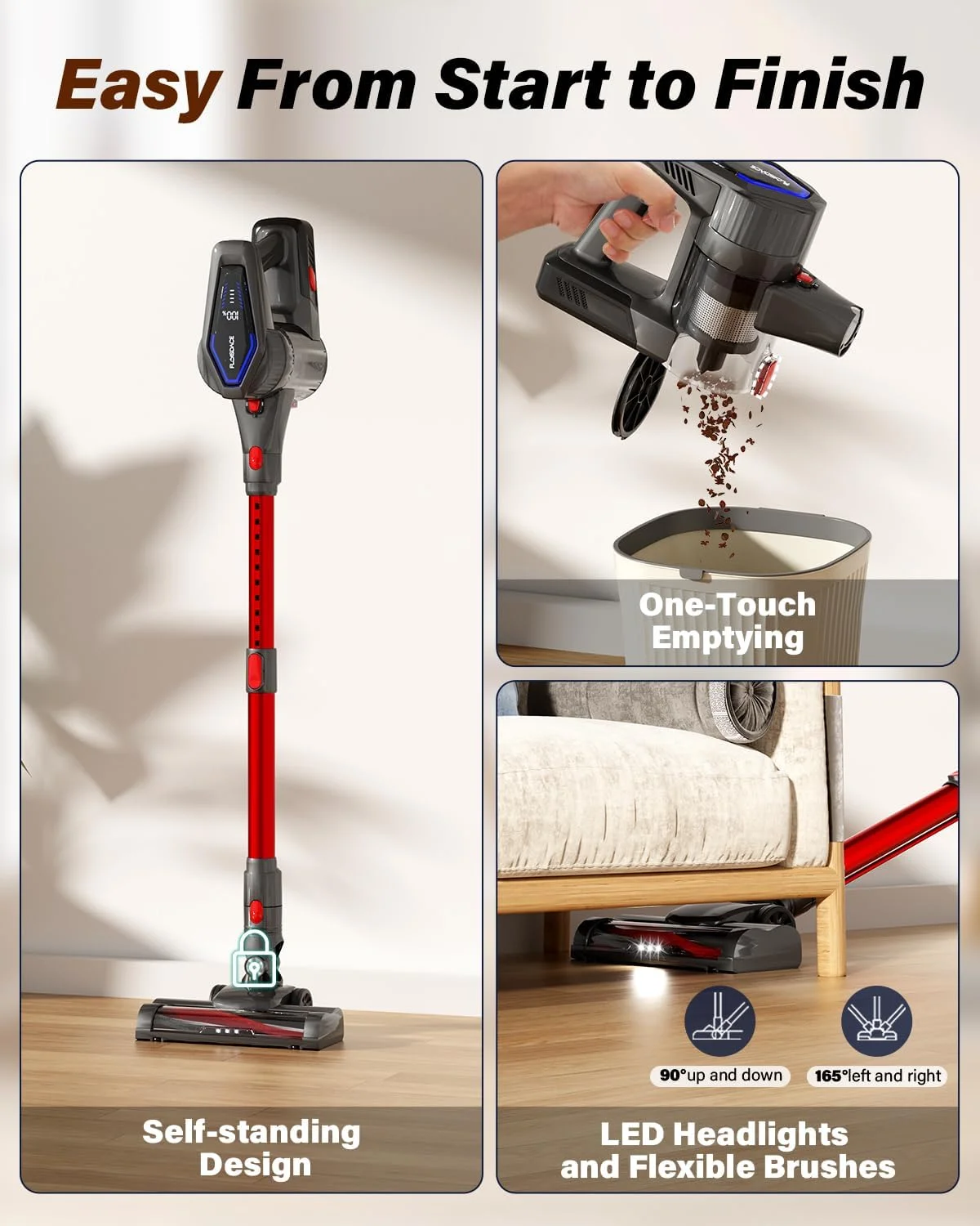 جاروبرقی عصایی شارژی Floisdace، 450 وات/45 کیلو پاسکال، جاروبرقی سبک وزن برای خانه، جاروبرقی ایستاده با باتری قابل جدا شدن، برای موی حیوانات خانگی، فرش و کف خانه، قرمز