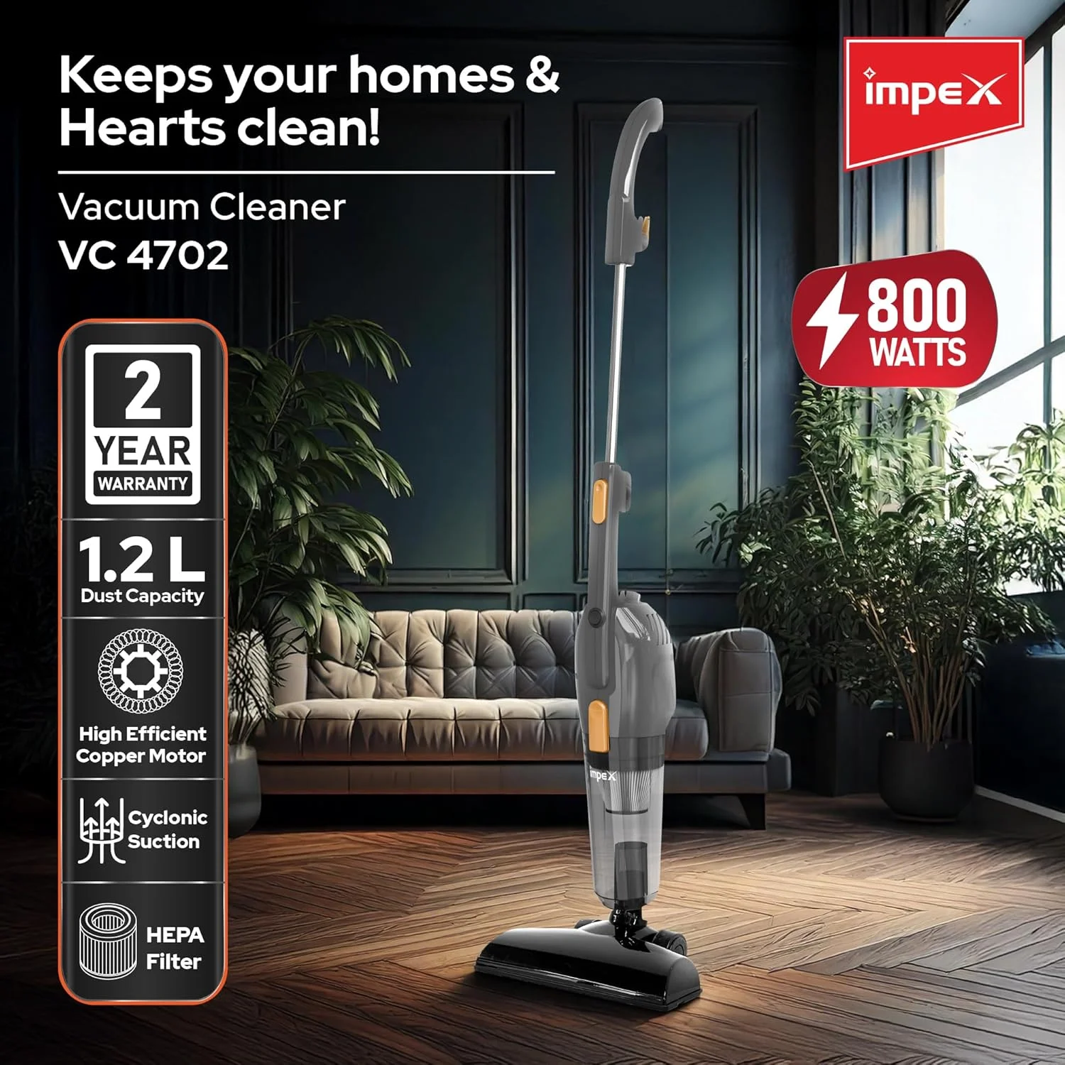 جاروبرقی ایمپکس 800 وات، جاروبرقی عصایی سبک 3 در 1، مکش قدرتمند 1.2 لیتری، سیم 5 متری مناسب خانه، محل کار، ماشین، جاروبرقی دستی چند منظوره با فیلتراسیون با راندمان بالا مدل VC 4702 خاکستری