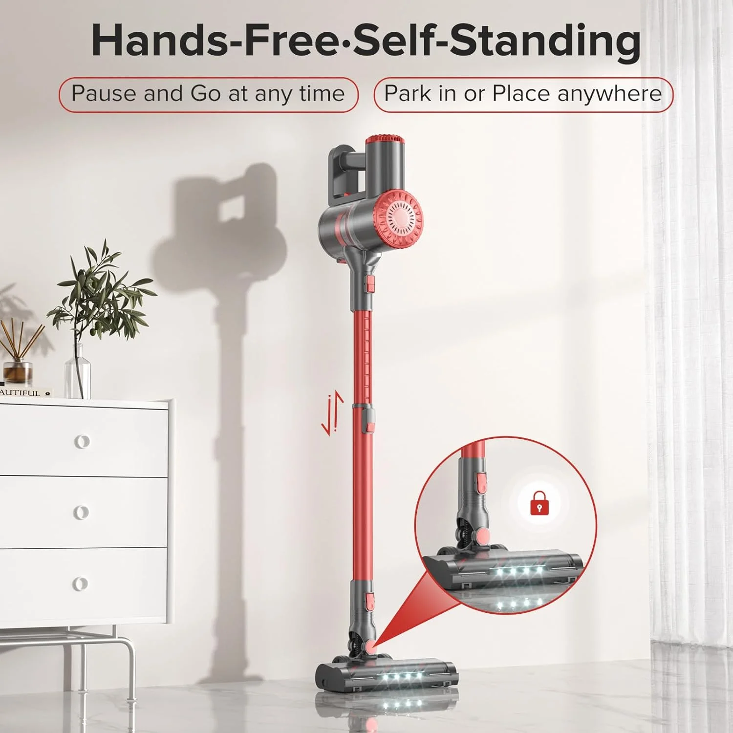 جاروبرقی عصایی شارژی با قابلیت ایستادن خودکار، جاروبرقی قدرتمند برای منزل، جاروبرقی سبک وزن 8 در 1، فیلتراسیون 7 لایه، مناسب برای فرش، موی حیوانات خانگی، کف چوبی