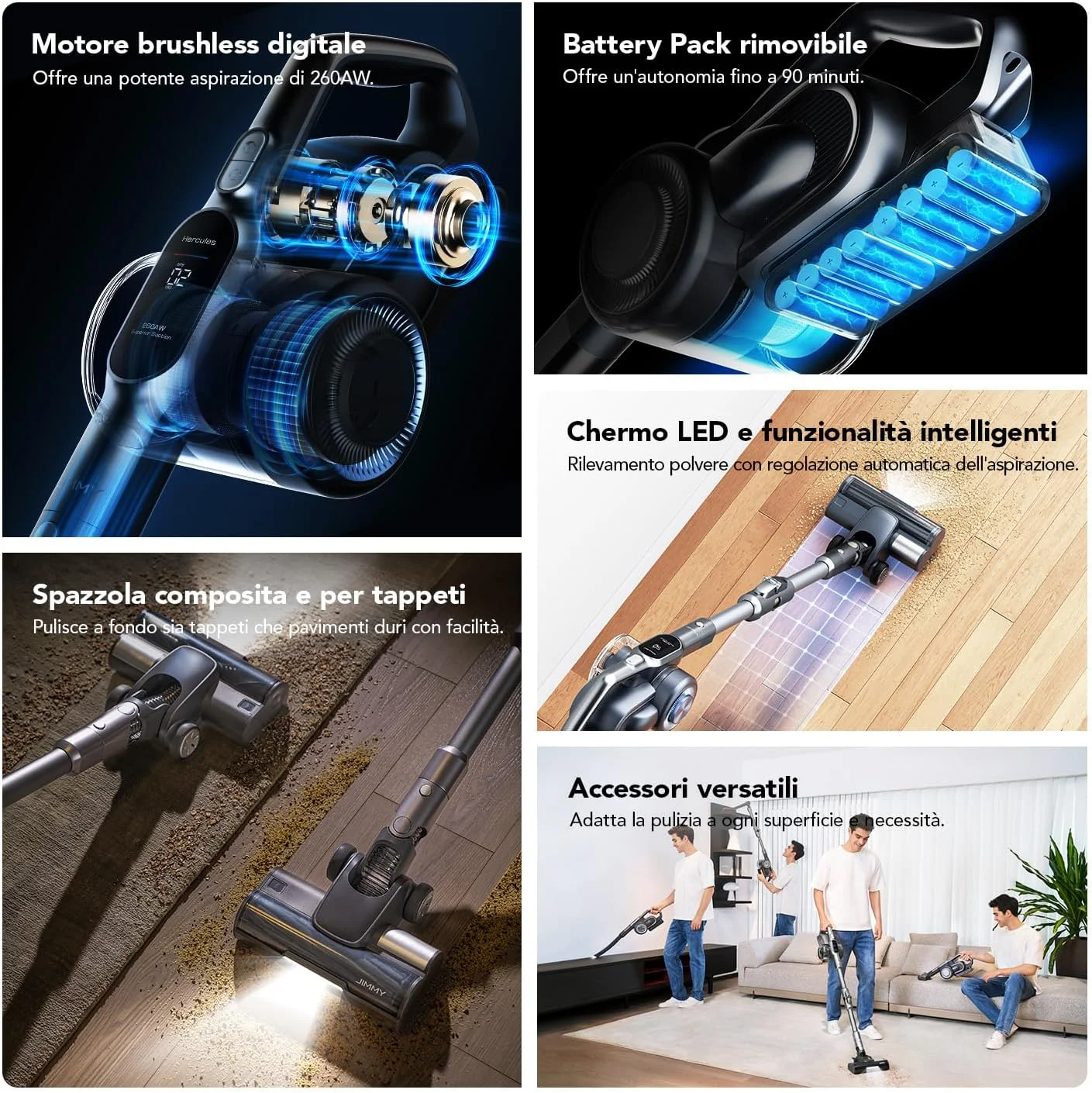 جاروبرقی و کف شوی جیمی مدل H11 Pro با باتری قابل تعویض، قدرت 260AW و 25Kpa، توان 700 وات، زمان کارکرد 90 دقیقه، صفحه نمایش LED هوشمند، فناوری تطبیقی، فیلتر HEPA و پایه شارژ