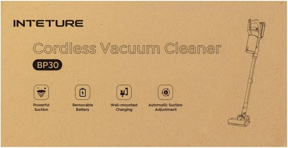 جاروبرقی بی سیم INTETURE، جاروبرقی برقی بی سیم 50KPa/600W/65 دقیقه ای با پایه شارژ دیواری و حالت نور سبز اتوماتیک، جاروبرقی برس بدون گره