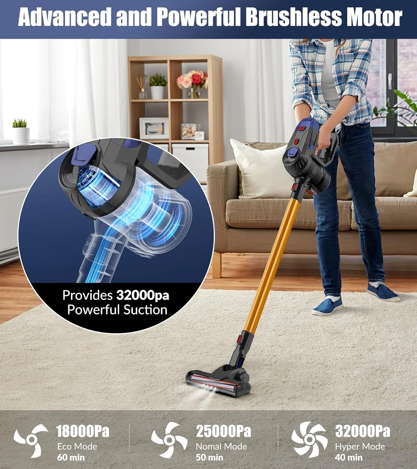 جاروبرقی شارژی KASTWAVE، جاروبرقی عصایی 8 در 1 با مکش قدرتمند 32000Pa و موتور براشلس با عملکرد بالا، جاروبرقی شارژی 150 درجه خم شو برای فرش، کف و موی حیوانات خانگی