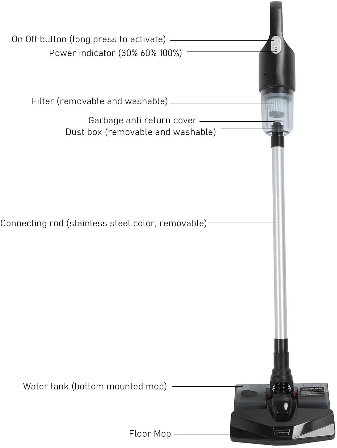 جاروبرقی شارژی Kikumi، 6000 MAh، 2 سرعته، مکش قدرتمند - جاروبرقی خشک و مرطوب با مخزن آب تی، جعبه گرد و غبار 400 میلی لیتری برای موی حیوانات (مشکی)