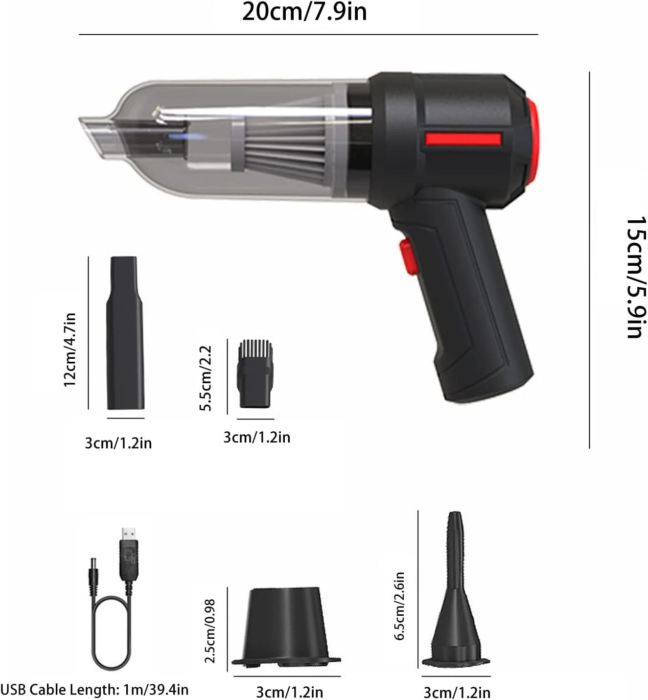 جاروبرقی شارژی کیکومی، جاروبرقی دستی، شارژ USB، مینی برای خانه، ماشین (مشکی)