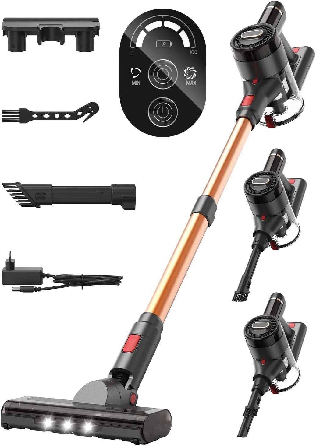 جاروبرقی شارژی Leyvone، 300 وات/30 کیلو پاسکال/40 دقیقه جاروبرقی بی سیم با نمایشگر LED، سیستم فیلتراسیون 5 مرحله ای، برس ضد گره، حالت صرفه جویی در انرژی اکو، برای موی حیوانات خانگی، کف های سخت، فرش