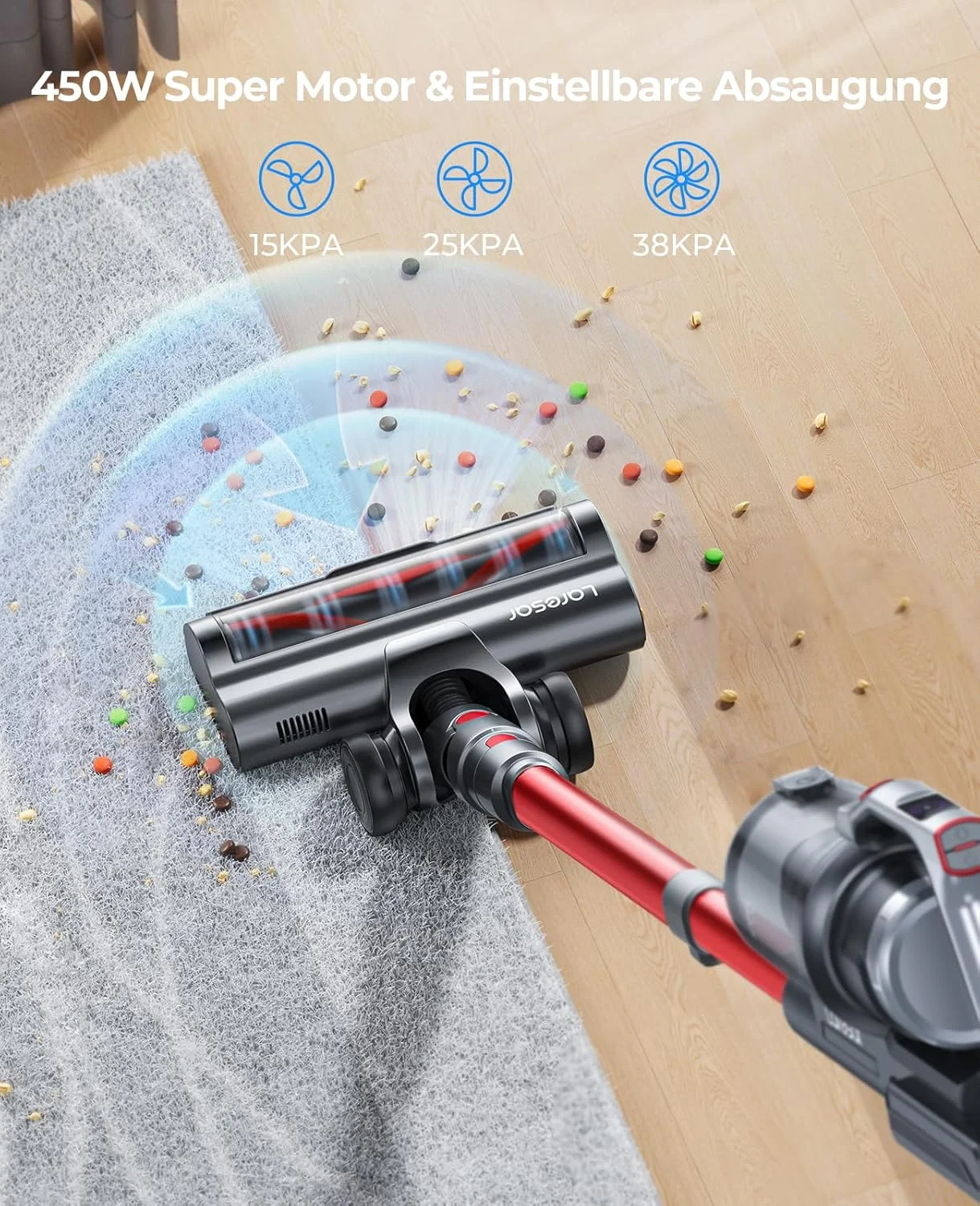 جاروبرقی لاسار مدل S6، شارژی و بدون سیم، قرمز، S، 450 وات، 1.5 لیتر، 68 دسی بل