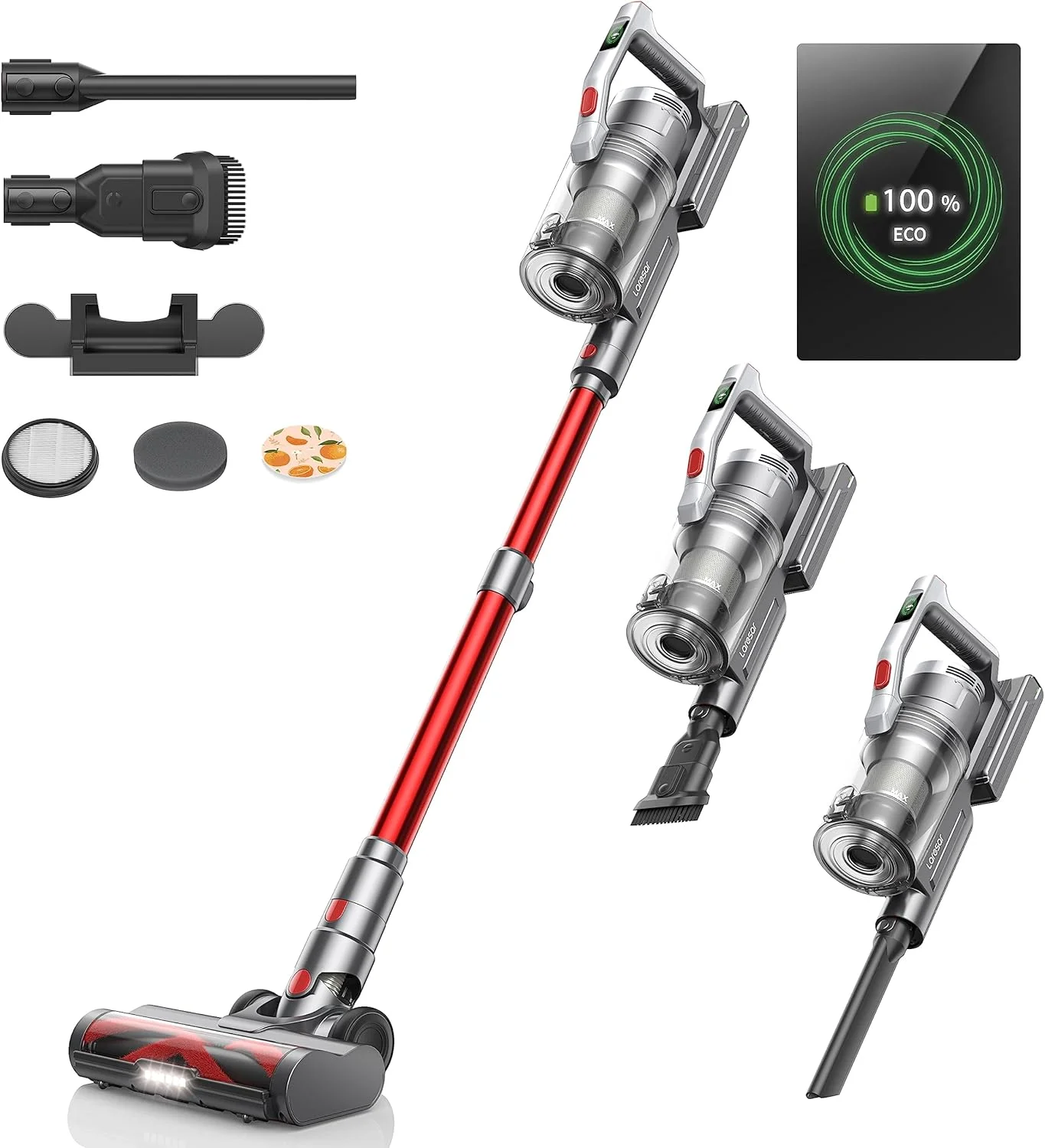 جاروبرقی عصایی لاسار، 450 وات، قدرت مکش 38 کیلو پاسکال، زمان کارکرد 55 دقیقه، صفحه نمایش رنگی متحرک، برس ضد گره، خروجی هوای معطر، جاروبرقی دستی برای موی حیوانات خانگی و فرش (Elite S6)