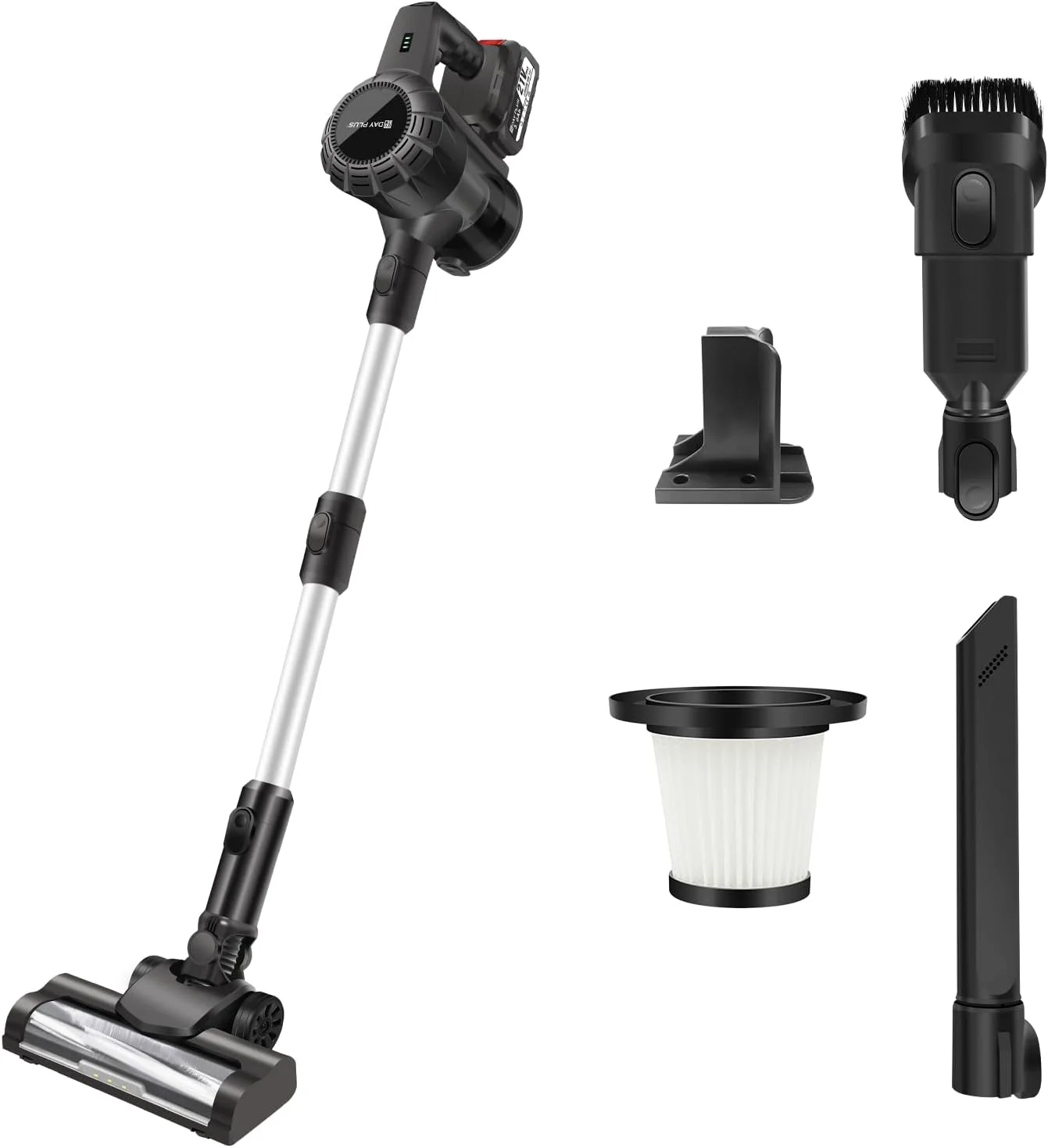 جاروبرقی سبک وزن و بدون سیم Dayplus، جاروبرقی دستی با باتری 3000 میلی آمپر ساعتی، چراغ LED، حداکثر زمان کارکرد 45 دقیقه، فیلتراسیون 5 مرحله ای با راندمان بالا برای موی حیوانات خانگی، فرش و کف سخت