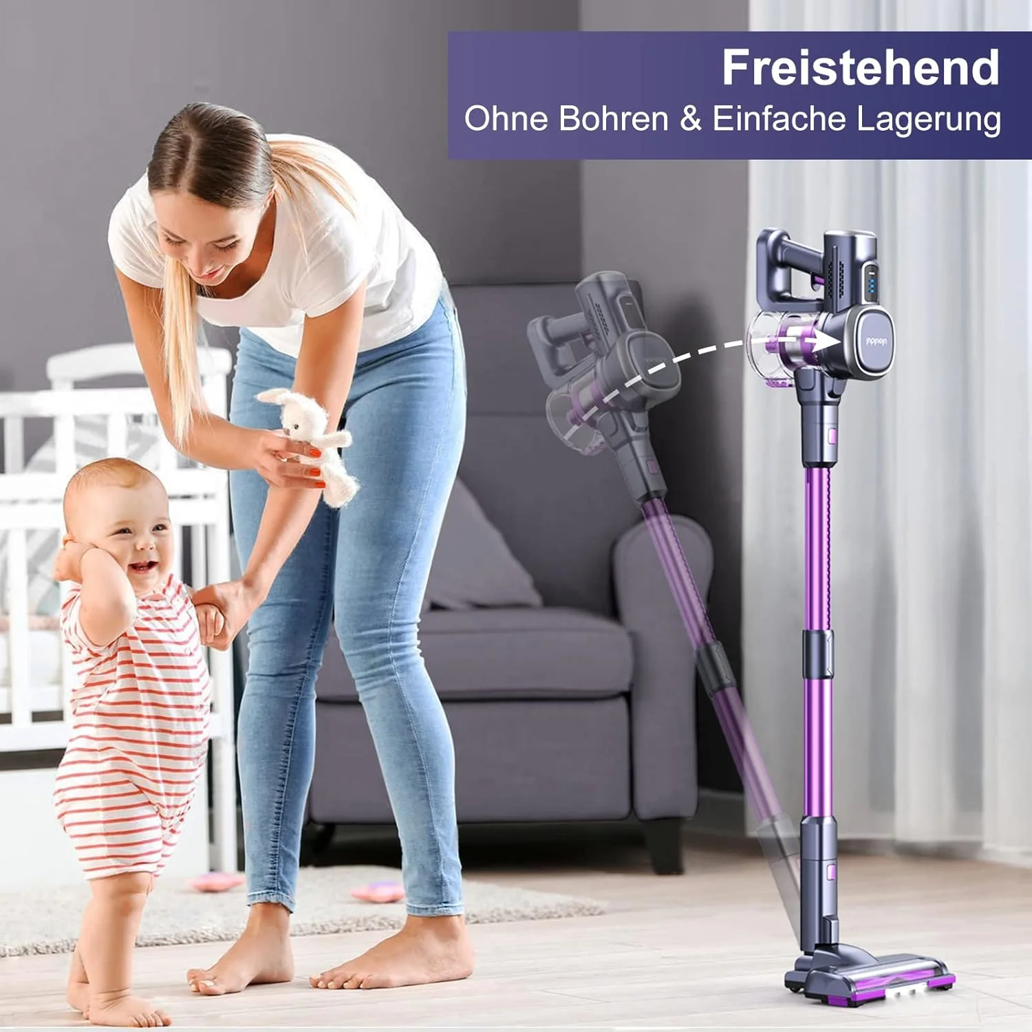 جاروبرقی شارژی لوبلو با قدرت مکش 25000 پاسکال، جاروبرقی بی سیم با زمان کارکرد تا 50 دقیقه، جاروبرقی ایستاده با باتری قابل جابجایی برای سطوح سخت، موی حیوانات خانگی، فرش