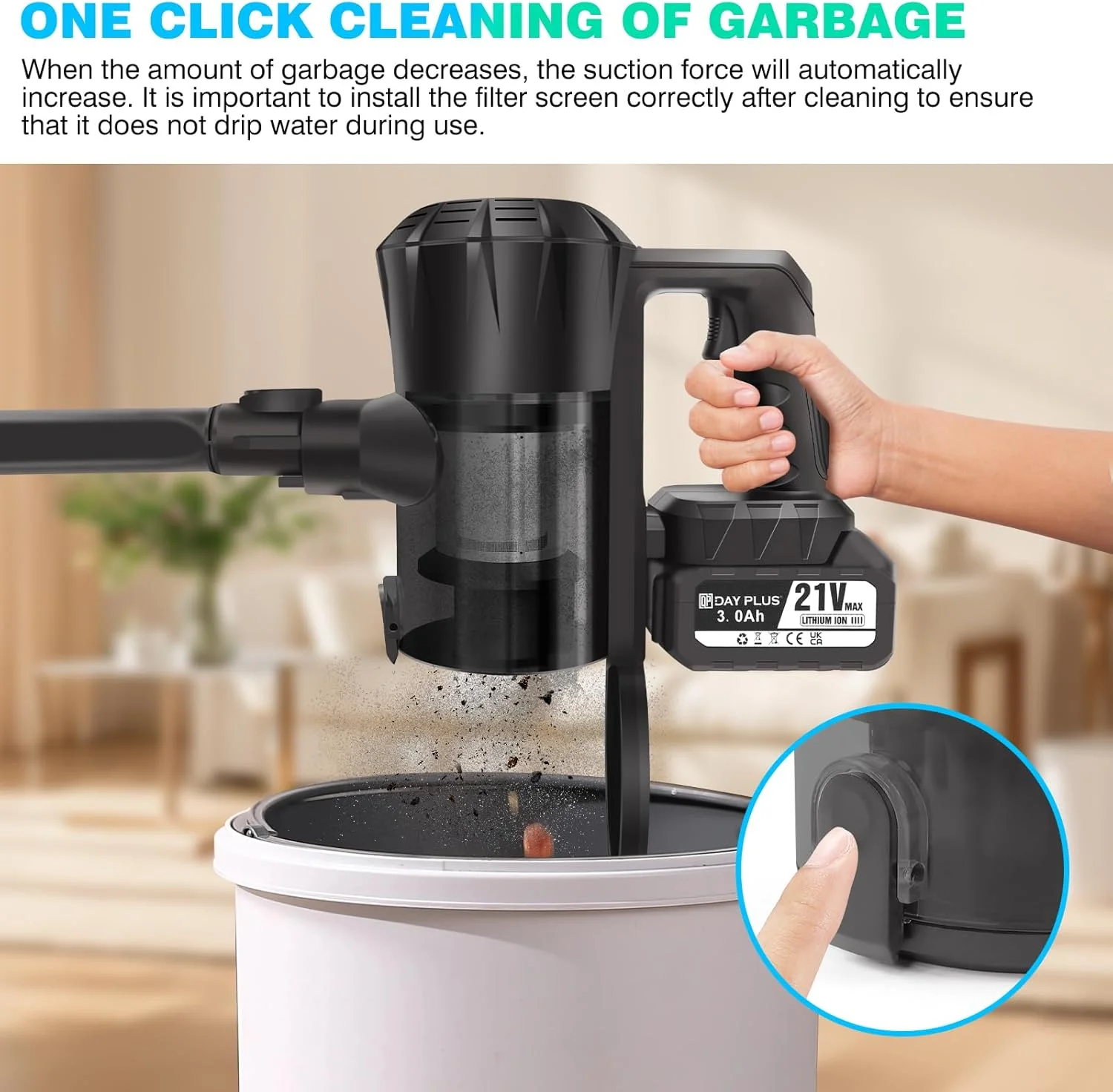 جاروبرقی سبک وزن و بدون سیم Dayplus، جاروبرقی دستی با باتری 3000 میلی آمپر ساعتی، چراغ LED، حداکثر زمان کارکرد 45 دقیقه، فیلتراسیون 5 مرحله ای با راندمان بالا برای موی حیوانات خانگی، فرش و کف سخت