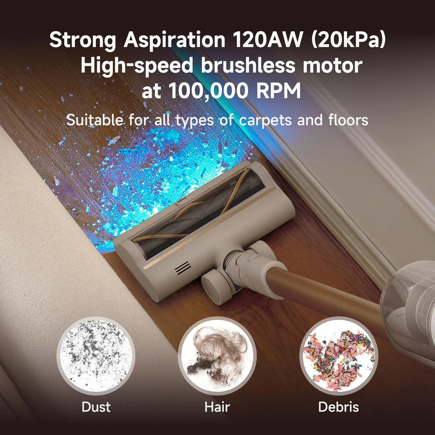 جاروبرقی شارژی دریم U20، نمایش گرد و غبار با نور آبی، قدرت مکش 120AW، برس ضد گره چند سطحی، فیلتراسیون چند لایه 99.9٪، نگهداری آسان، بسته باتری قابل تعویض