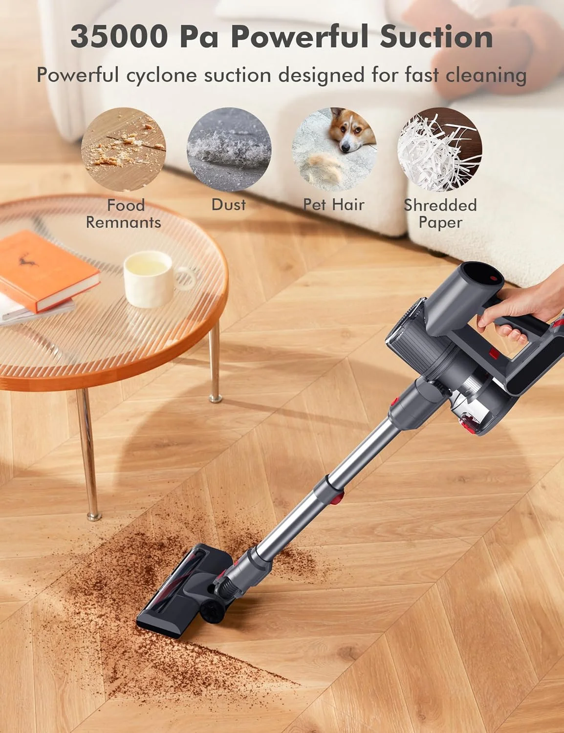 جاروبرقی شارژی، جاروبرقی دستی قدرتمند قابل حمل 35000PA با نمایشگر LED، نظافت با مخزن گرد و غبار 1.2 لیتری، کیت برای کف های سخت، فرش ها، موی حیوانات خانگی، نظافت آشپزخانه، خاکستری
