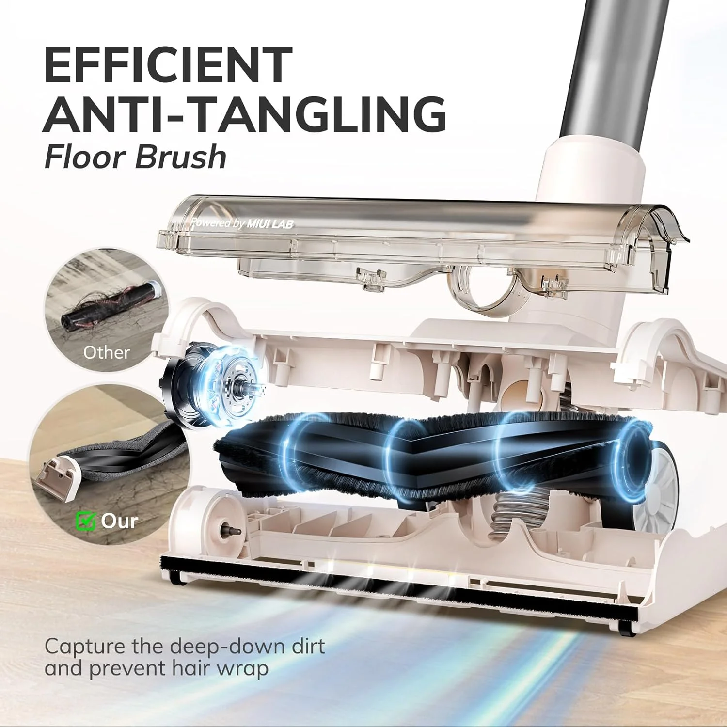 جاروبرقی عصایی شارژی MIUI، موتور براشلس قدرتمند با مکش 45000Pa M2، تنظیم خودکار سرعت، برس ضد گره خوردگی مو V شکل، جاروبرقی ایستاده برای کف سخت، فرش، موی حیوانات خانگی