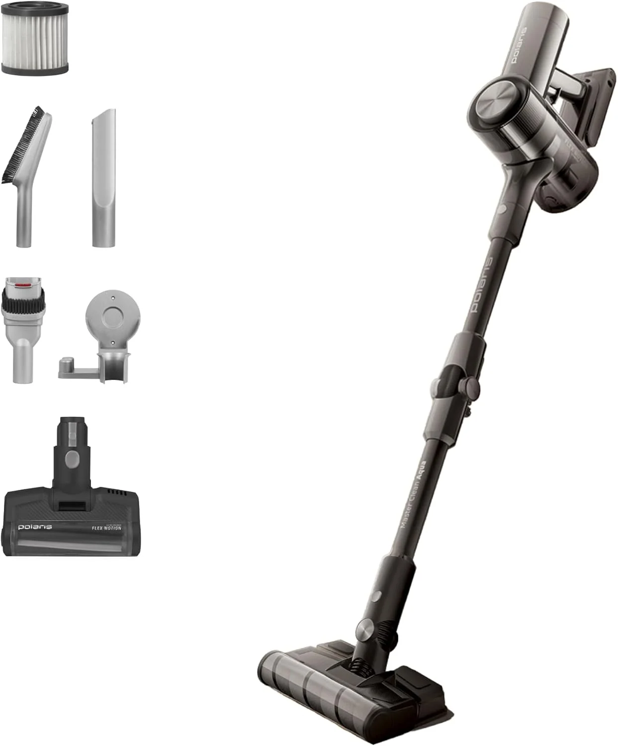 جاروبرقی شارژی پولاریس PVCS 1146 Master Clean AQUA | ایستاده و دستی 6 در 1 | موتور اینورتر 500 وات (10 ساله) | نازل تمیز کننده مرطوب | تا 60 دقیقه | HEPA 10 | حرکت انعطافی 360 درجه | مخزن گرد و غبار 0.5 لیتری