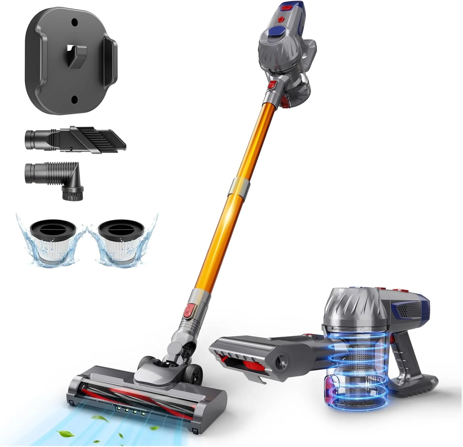 جاروبرقی بی‌سیم - مکش قوی ۱۱۰۰۰Pa، زمان کارکرد ۲۵-۳۰ دقیقه، ۸ سری مختلف برای خانه، ماشین و صاحبان حیوانات خانگی - جاروبرقی سبک و بدون سیم با برس ضد گره و پایه دیواری