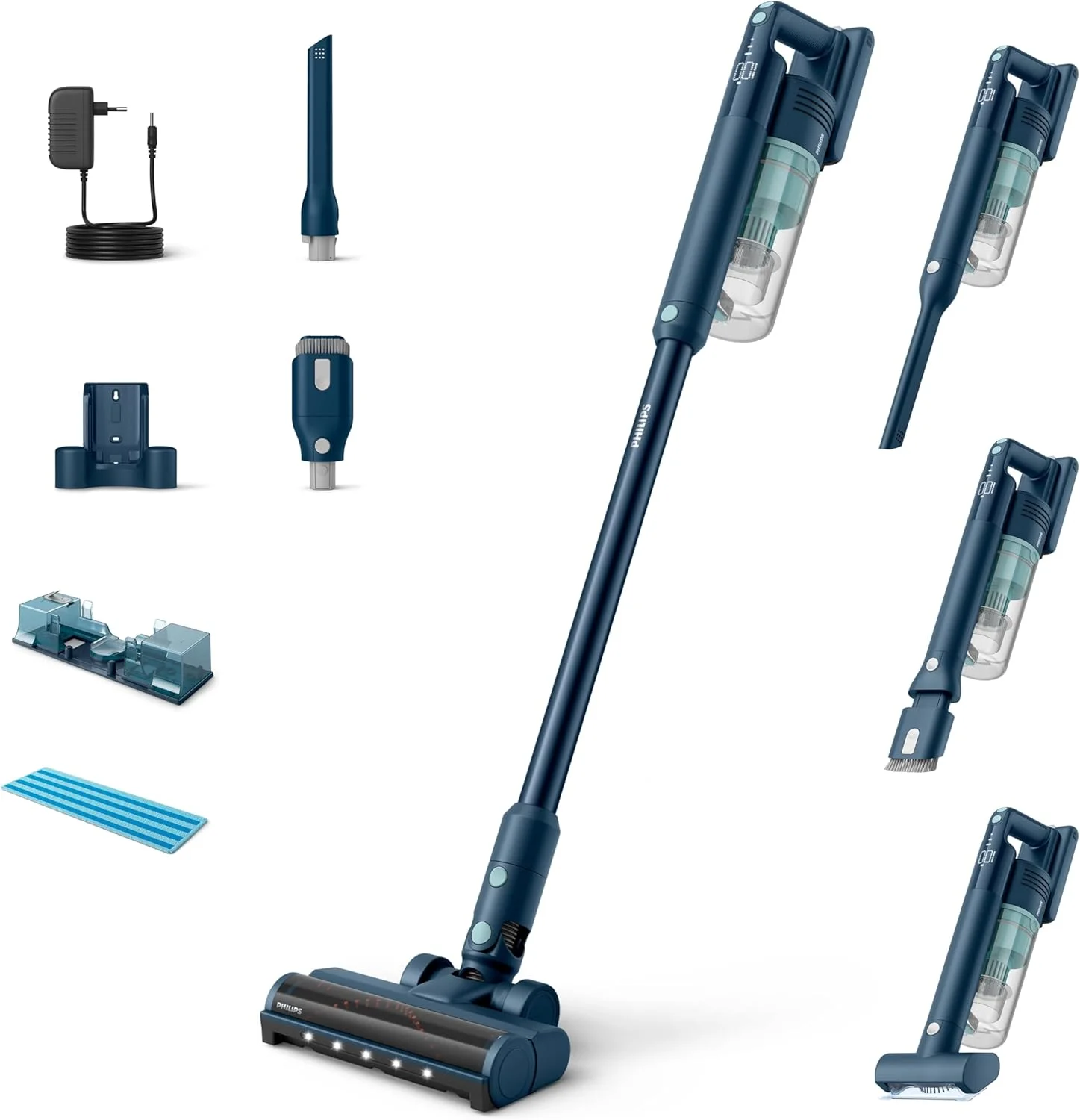 جاروبرقی عصایی شارژی فیلیپس سری 5000 - موتور دیجیتال، PowerCyclone 10، 60 دقیقه زمان کارکرد، نازل LED، ماژول Aqua، Sage - XC5041/61