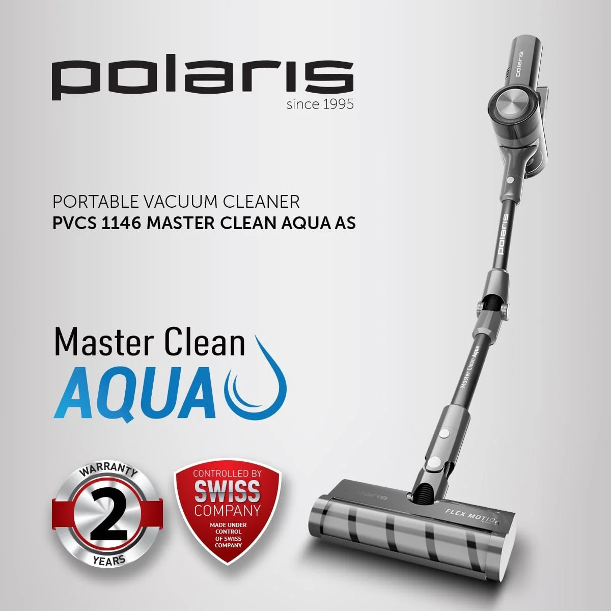 جاروبرقی شارژی پولاریس PVCS 1146 Master Clean AQUA | ایستاده و دستی 6 در 1 | موتور اینورتر 500 وات (10 ساله) | نازل تمیز کننده مرطوب | تا 60 دقیقه | HEPA 10 | حرکت انعطافی 360 درجه | مخزن گرد و غبار 0.5 لیتری