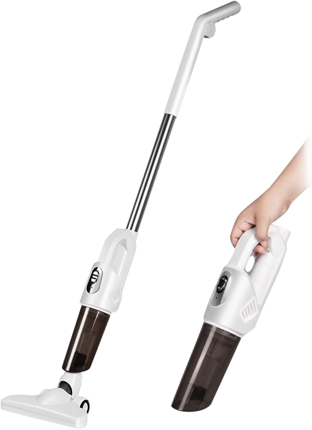 جاروبرقی عصایی بی‌سیم با مکش قدرتمند 20000PA، 2 در 1 قابل حمل، با شارژ سریع و ظرفیت بزرگ، مناسب برای خانه، دفتر، ماشین، فیلتر قابل شستشو و صدای کم (نقره‌ای)