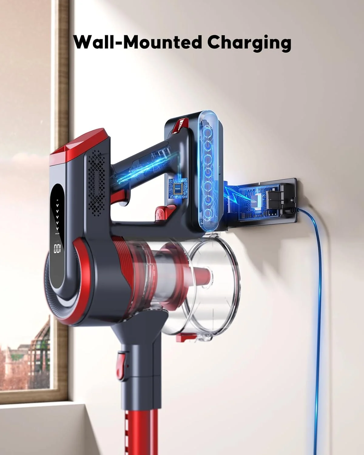 جاروبرقی شارژی، 450 وات 40KPA تا 55 دقیقه جاروبرقی عصایی شارژی با استند شارژ، نمایشگر لمسی LED، جاروبرقی دستی ضد گره خوردگی برای خانه/موهای حیوانات خانگی/فرش/کف