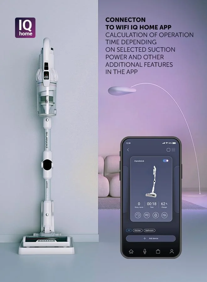 جاروبرقی شارژی Polaris PVCS 4070 | موتور اینورتر 600 وات | قدرت مکش 200 aW | Wi-Fi IQ Home | تا 80 دقیقه زمان کارکرد | HEPA 12 (99.5%) | Flex Motion 360° | پایه شارژ ایستاده | مخزن گرد و غبار 0.3 لیتری