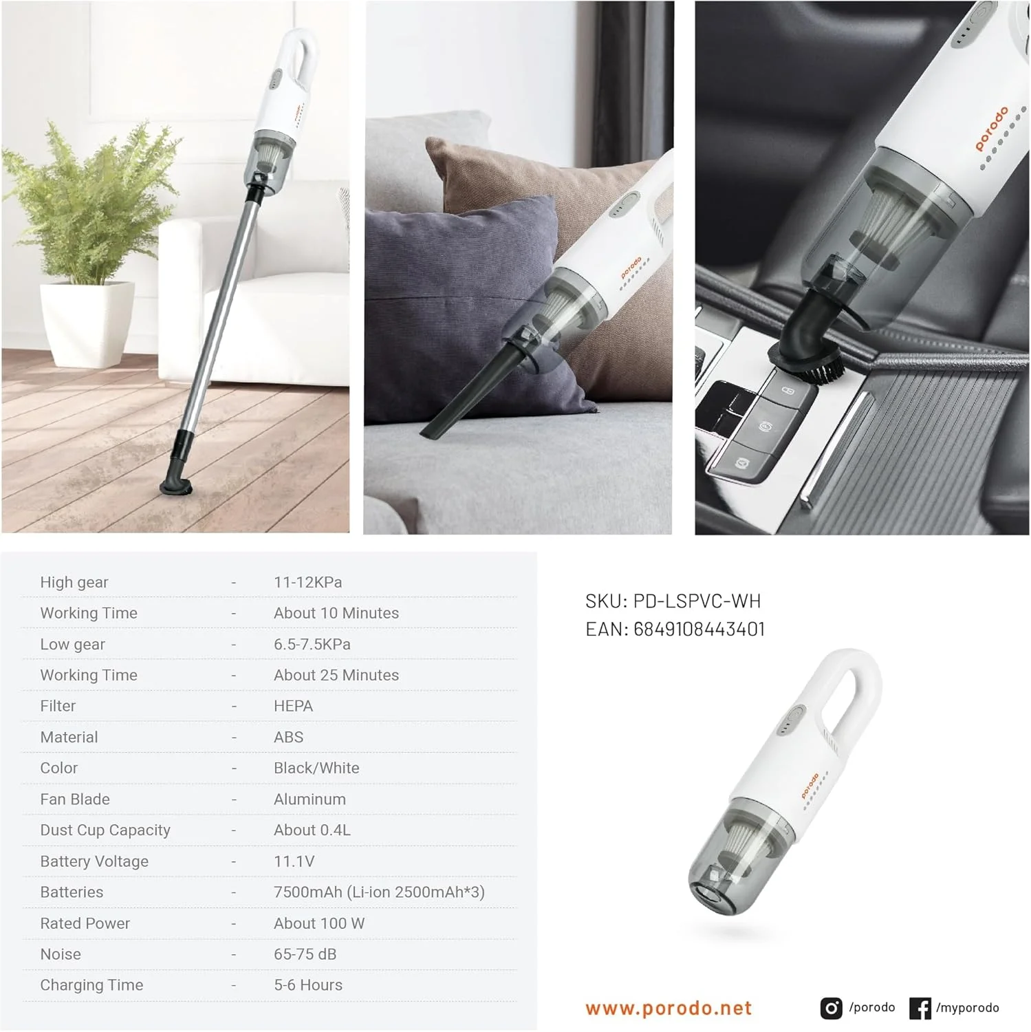 جاروبرقی عصایی بی سیم قابل حمل پرودو 11-12Kpa 100W 7800mAh - سفید