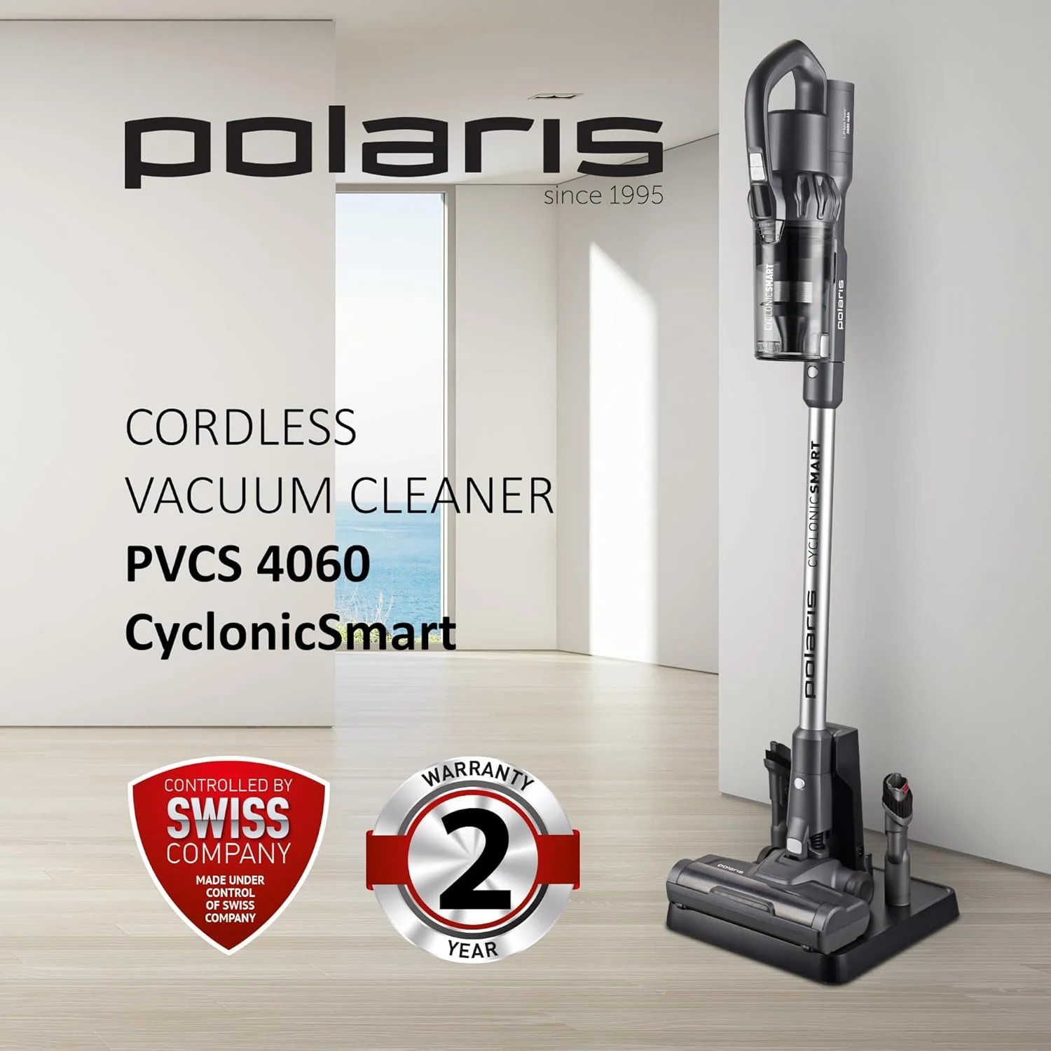 جاروبرقی عصایی بی‌سیم Polaris PVCS 4060 CyclonicSmart | موتور اینورتر 600 وات | قدرت مکش 200 aW | تا 80 دقیقه | 3 در 1 ایستاده و جمع و جور | HEPA 10 | نمایشگر LED | مخزن 0.3 لیتری | پایه شارژ ایستاده