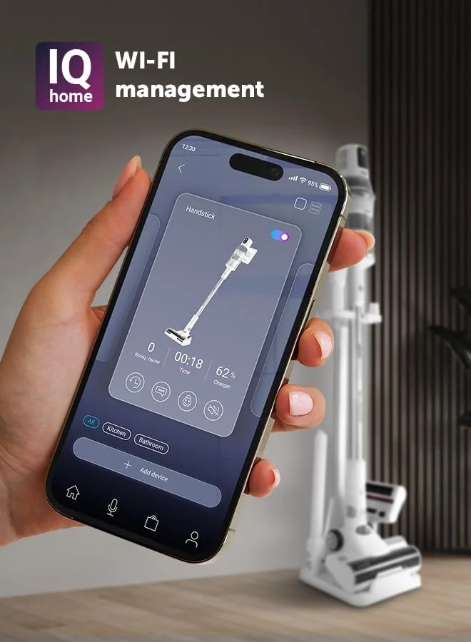 جاروبرقی عصایی بی‌سیم Polaris PVCS 8200 Duo Pro | موتور 800 وات، قدرت مکش 300 aW | اتصال Wi-Fi IQ Home | تا 85 دقیقه کارکرد | قابلیت تمیز کردن مرطوب (مجهز به سری طی‌دار) | مخزن 0.35 لیتری یا کیسه 0.6 لیتری | فیلتراسیون HEPA | نمایشگر LED