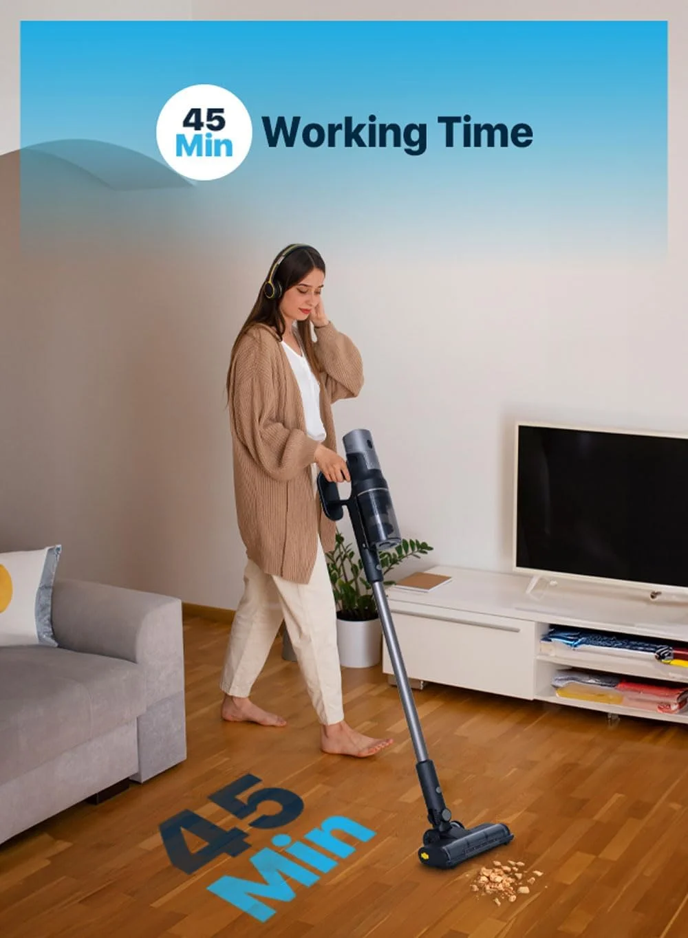 جاروبرقی عصایی بی سیم پاورولوژی با فیلتر HEPA، مکش قدرتمند 400 وات، 45 دقیقه زمان کارکرد، خود تمیز شونده، سبک وزن، قابل حمل، دارای قسمت دستی جداشدنی، مناسب برای فرش و سطوح سخت