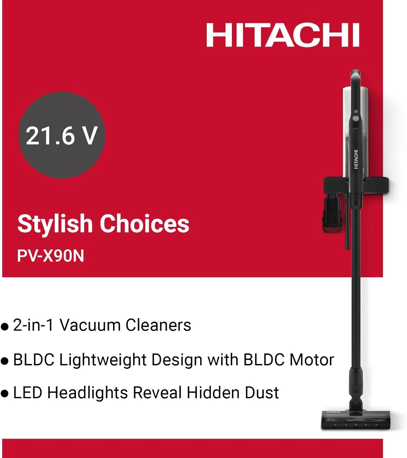 جاروبرقی خانگی قدرتمند هیتاچی، جاروبرقی بی‌سیم با زمان کارکرد 40 دقیقه‌ای، جاروبرقی دستی برای فرش، کف و سطوح مختلف، مدل PVX90NPWH