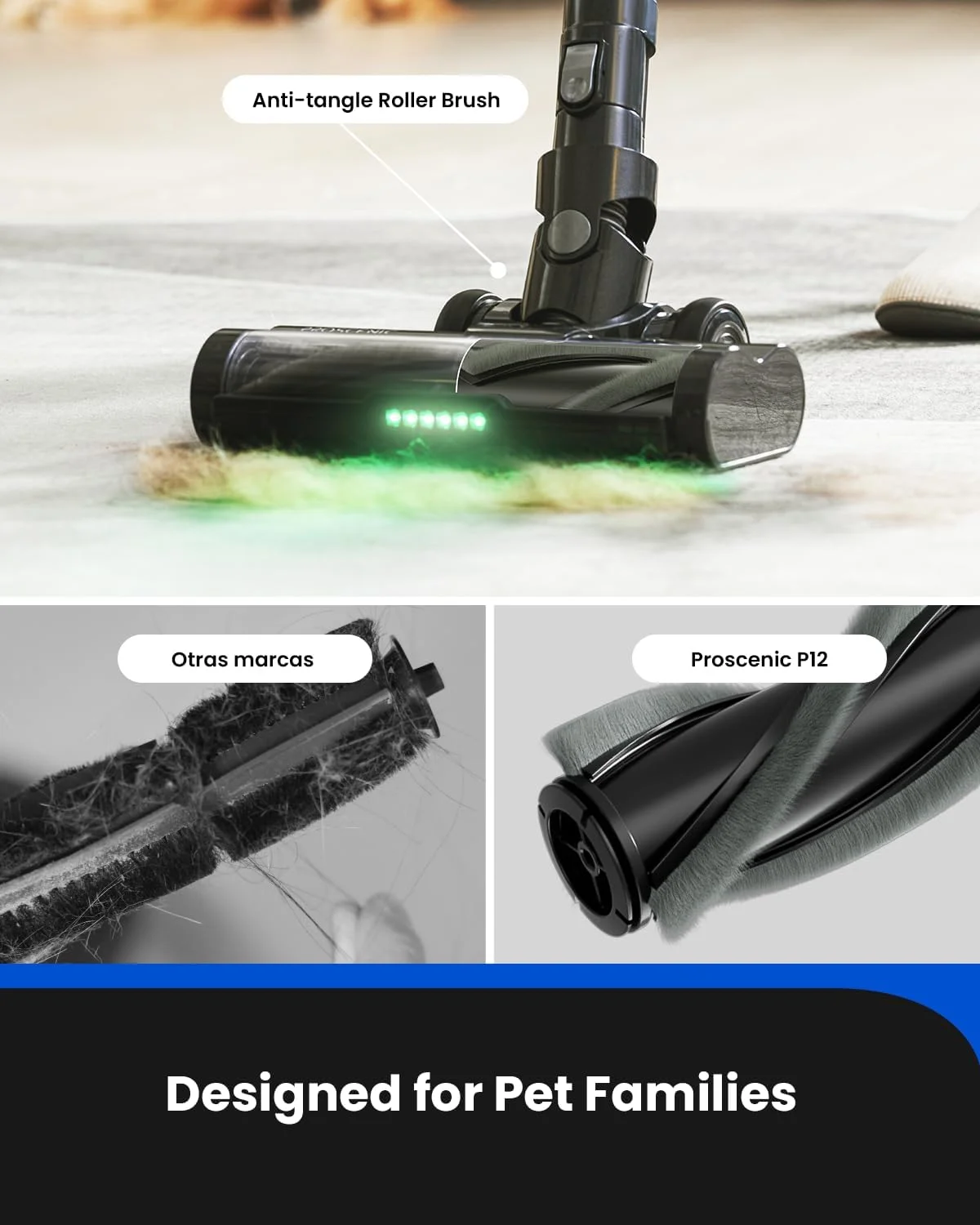 جاروبرقی عصایی بی‌سیم پروسنیک P12، جاروبرقی با قدرت مکش 33Kpa، چراغ‌های LED سبز، برس ضد گره خوردگی مو، جاروبرقی قدرتمند با صفحه نمایش لمسی، 60 دقیقه زمان کارکرد، تمیز کردن عمیق موی حیوانات خانگی