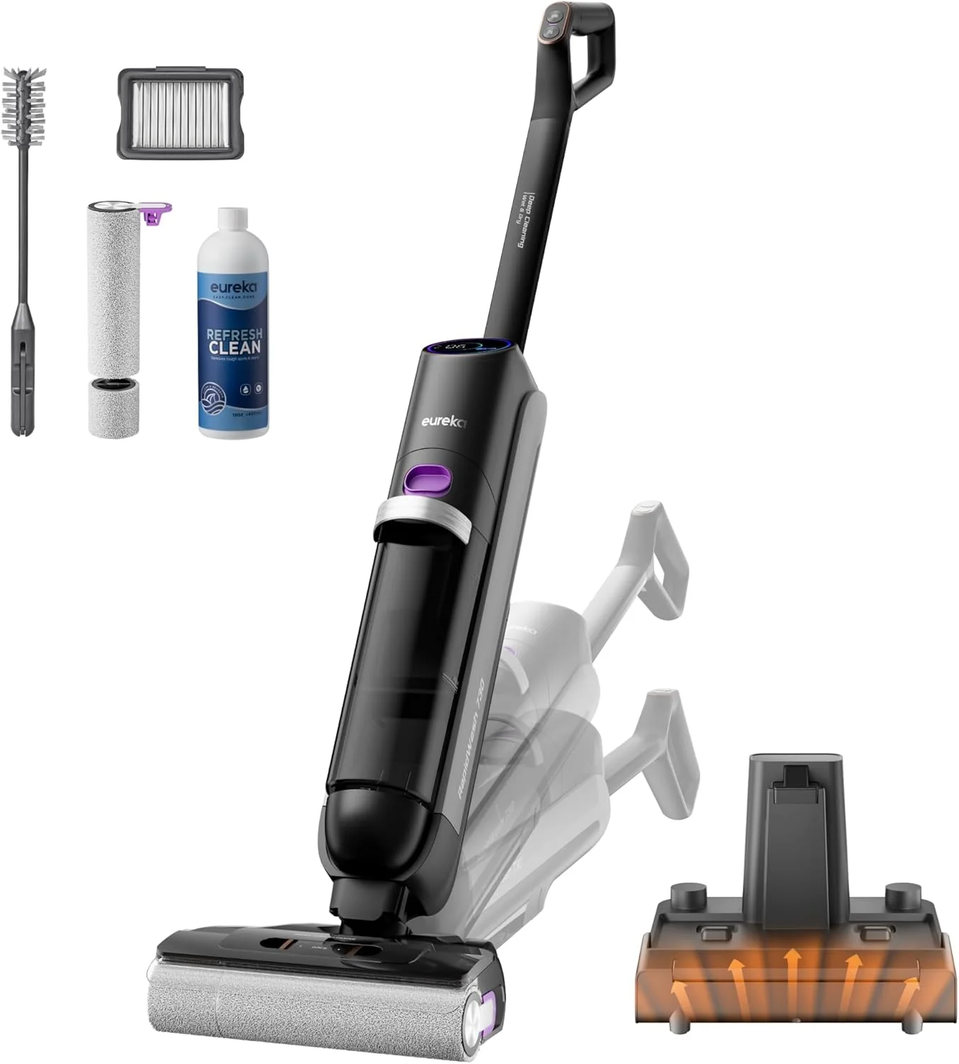 جاروبرقی شارژی خشک/مرطوب یورکا RapidWash NEW730، چرخش 170 درجه، خشک کردن با هوای گرم 85 درجه در 5 دقیقه، 21.600 پاسکال، 40 دقیقه کارکرد، ضد گره خوردگی 2.0، مخزن بزرگتر جاروبرقی شارژی خشک/مرطوب یورکا RapidWash NEW730، چرخش 170 درجه، خشک کردن با هوای گرم 85 درجه در 5 دقیقه، 21.600 پاسکال، 40 دقیقه کارکرد، ضد گره خوردگی 2.0، مخزن بزرگتر