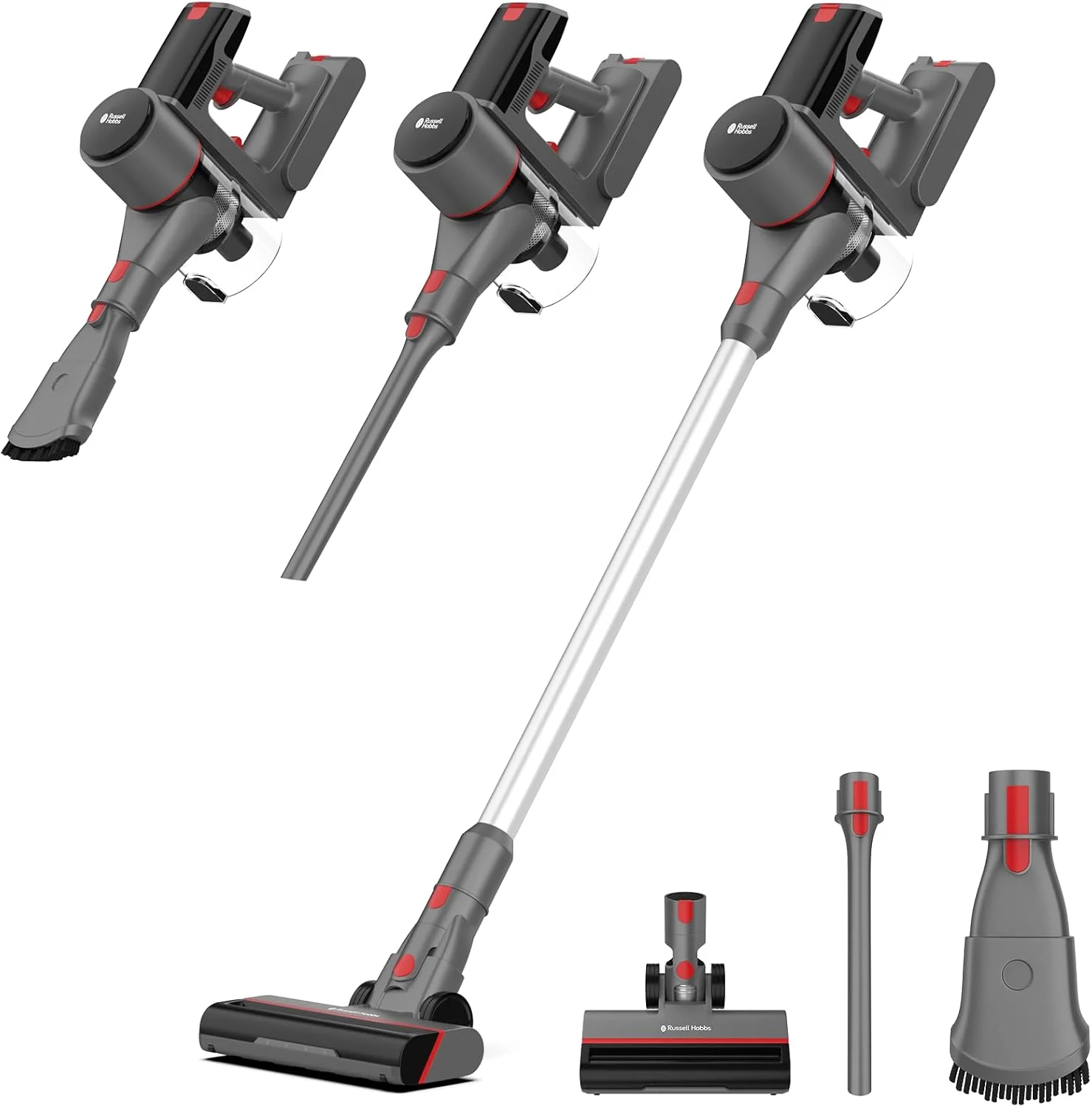 جاروبرقی عصایی شارژی راسل هابز Speedster V05، فیلتر HEPA، تخلیه با یک لمس، نگهداری روی دیوار با برس موتوری، نازل شکاف و ابزار اثاثه یا لوازم داخلی - ظرفیت گرد و غبار 0.9 لیتر