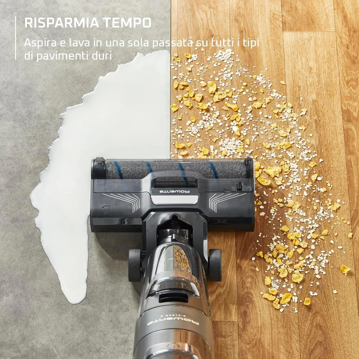 جاروبرقی و تی شوی بی سیم روونتا X-Clean 4، مکش و شستشوی قدرتمند، هوشمند، عمر باتری 50 دقیقه، خود تمیز شونده GZ5037WO