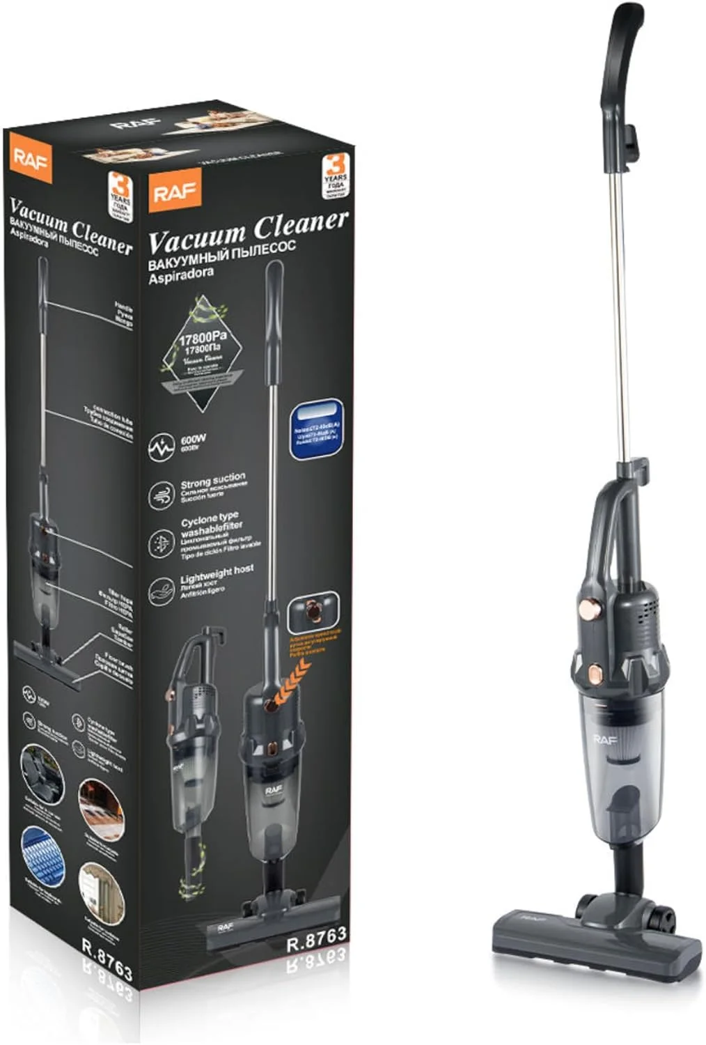 جاروبرقی عصایی بی سیم مدل R.8763، جاروبرقی سبک وزن 600 واتی با مکش قدرتمند، مخزن گرد و غبار 0.8 لیتری، از بین برنده کنه و جاروبرقی خودرو، جاروبرقی دستی 2 در 1 با فیلتر هپا