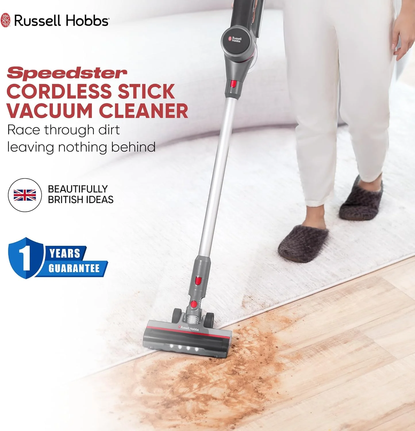 جاروبرقی عصایی شارژی راسل هابز Speedster V05، فیلتر HEPA، تخلیه با یک لمس، نگهداری روی دیوار با برس موتوری، نازل شکاف و ابزار اثاثه یا لوازم داخلی - ظرفیت گرد و غبار 0.9 لیتر