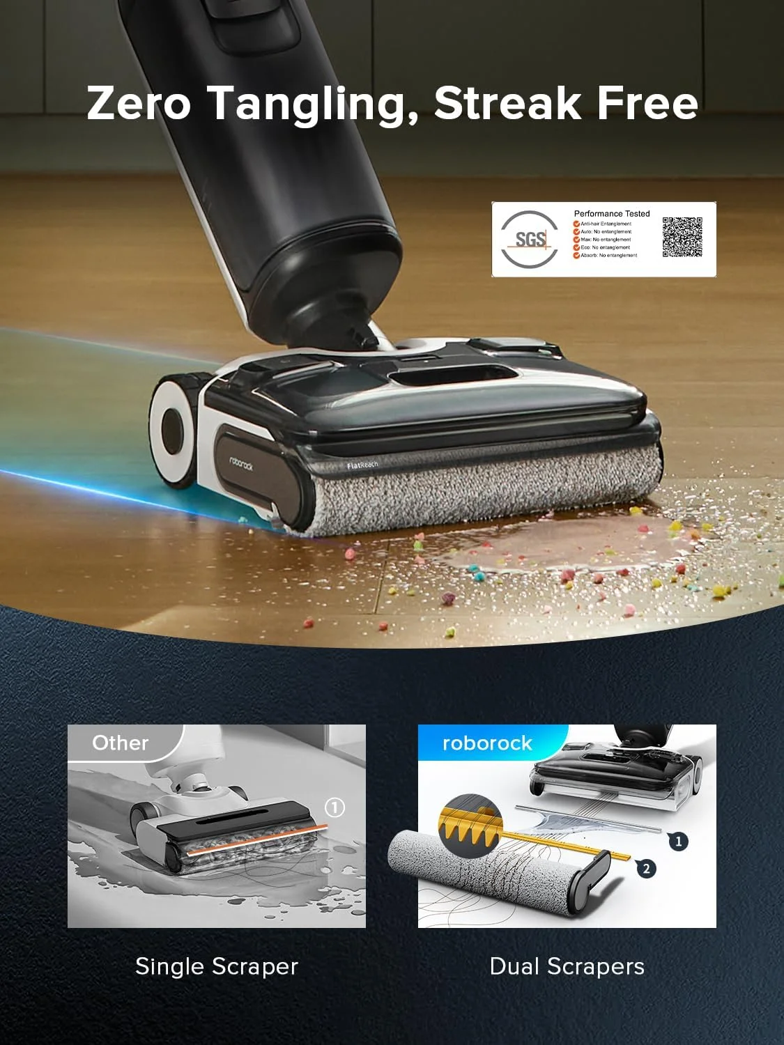 جاروبرقی و تی شوی خشک و مرطوب Roborock F25 ACE، جاروبرقی شارژی همه کاره برای کف سخت، تمیز کننده کف چوبی 20000Pa با قابلیت ضد گره خوردگی، تی برقی با خشک کن سریع هوای گرم 90 درجه سانتیگراد، قابلیت خوابیدن 180 درجه، WiFi