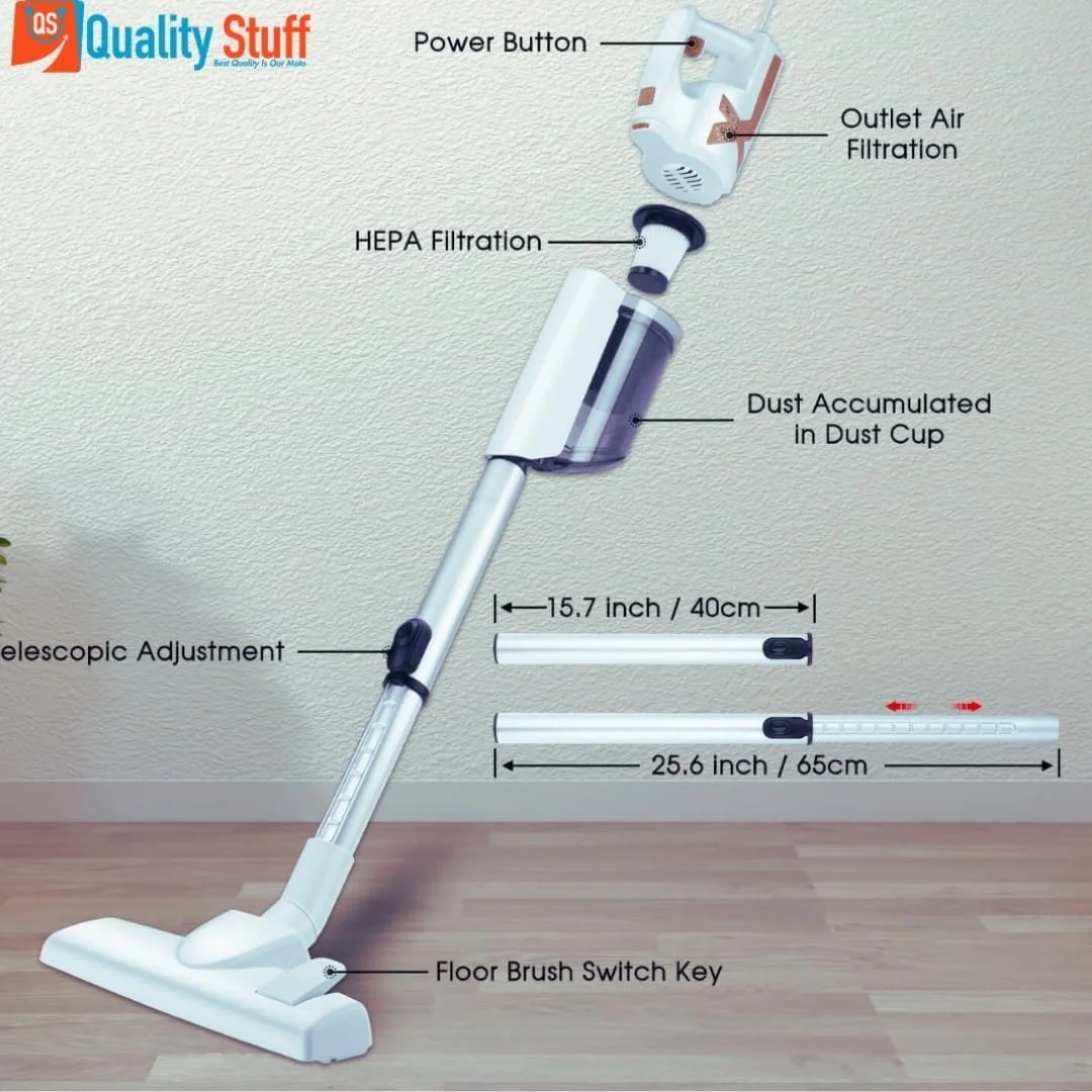 جاروبرقی عصایی سیم دار 5 متری با کیفیت - قدرت مکش 18 کیلو پاسکال، طراحی سبک و چند منظوره برای سطوح سخت، فرش و موی حیوانات خانگی