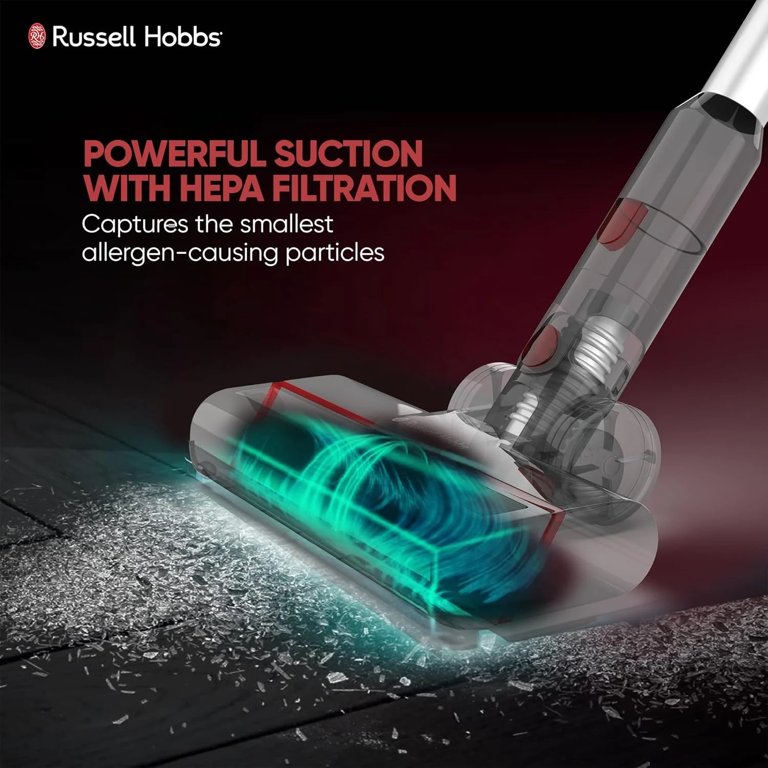 جاروبرقی عصایی شارژی راسل هابز Speedster V05، فیلتر HEPA، تخلیه با یک لمس، نگهداری روی دیوار با برس موتوری، نازل شکاف و ابزار اثاثه یا لوازم داخلی - ظرفیت گرد و غبار 0.9 لیتر