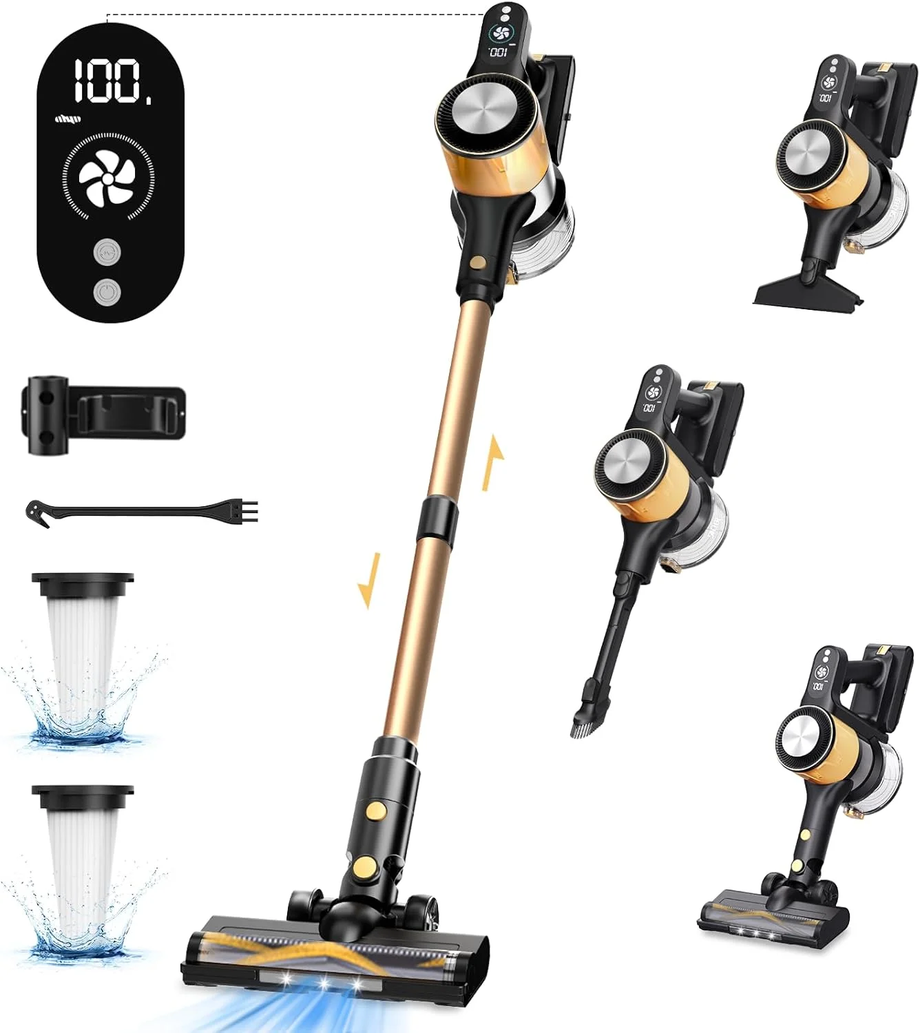 جاروبرقی شارژی سینچر، جاروبرقی عصایی با مکش قدرتمند 25Kpa، باتری جداشدنی با زمان کارکرد 45 دقیقه، 3 حالت قدرت و نمایشگر LED، ایده آل برای خانه، ماشین، کف سخت، فرش، موی حیوانات خانگی، طلایی
