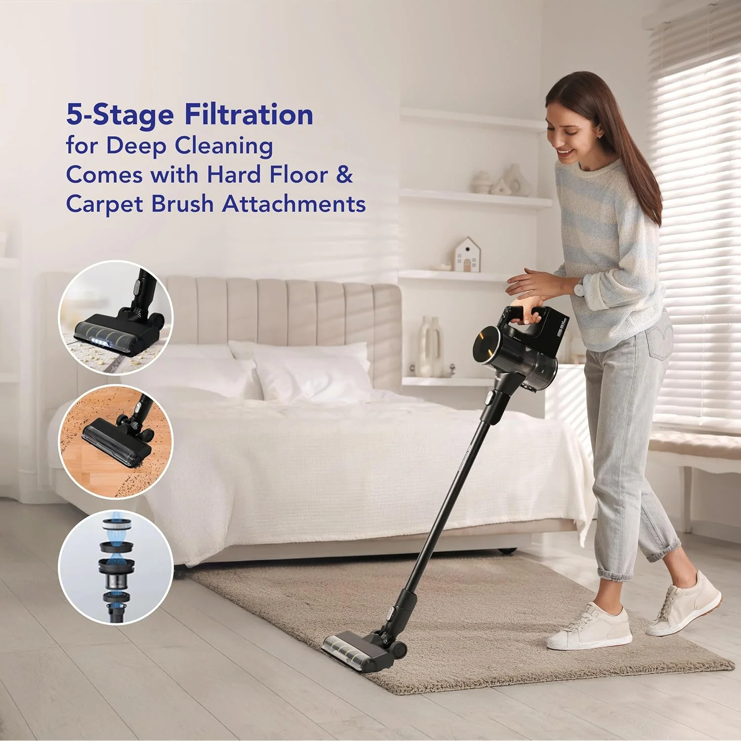 جاروبرقی عصایی 2 در 1 سوپر جنرال مدل SGVR450D، موتور 450 وات BLDC، 60 دقیقه زمان کارکرد، نمایشگر LCD، تخلیه گرد و غبار با یک لمس، فیلتر قابل شستشو، حالت دستی سبک وزن، خاکستری