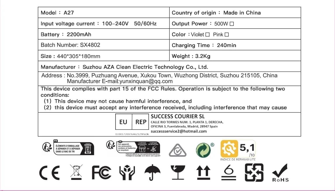 جاروبرقی شارژی SUXIANGVAC با قدرت مکش 45000 پاسکال، توان 500 وات و زمان کارکرد 45 دقیقه، دارای نمایشگر LED و برس ضد گره خوردگی، لوله خرطومی 73 سانتی متری قابل افزایش طول برای سطوح سخت، فرش، موی حیوانات خانگی، بنفش