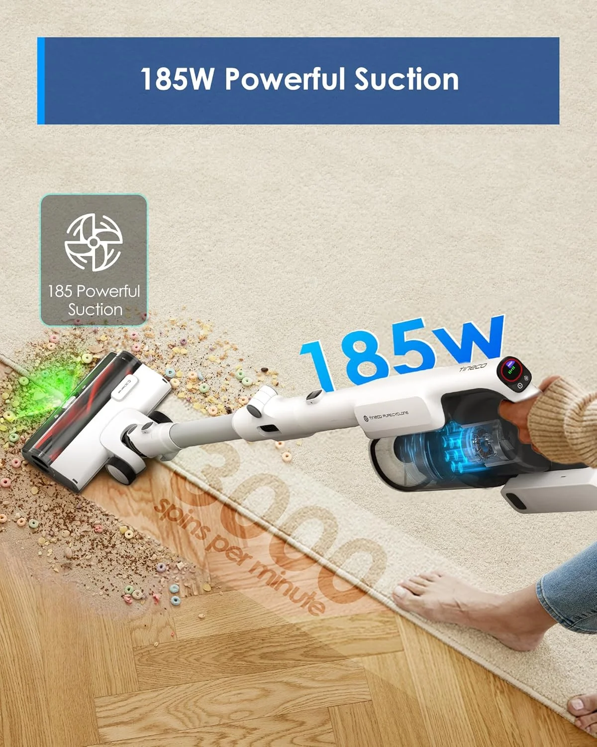 جاروبرقی عصایی بی‌سیم Tineco A50S، مکش 185 واتی، 70 دقیقه زمان کارکرد، مخزن گرد و غبار بزرگتر 1 لیتری، برس قدرت 3DSense، فناوری PureCyclone، به راحتی از پس زباله‌های بزرگ برمی‌آید