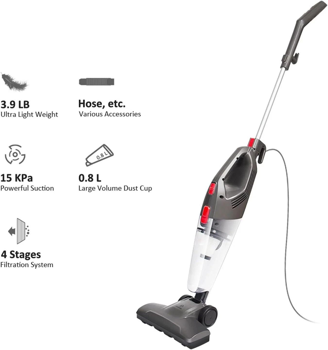 جاروبرقی خانگی تیاندی‌اف‌وای، جاروبرقی دستی 4 در 1 با فیلترهای هپا، سبک وزن، جاروبرقی عصایی برای (EU)
