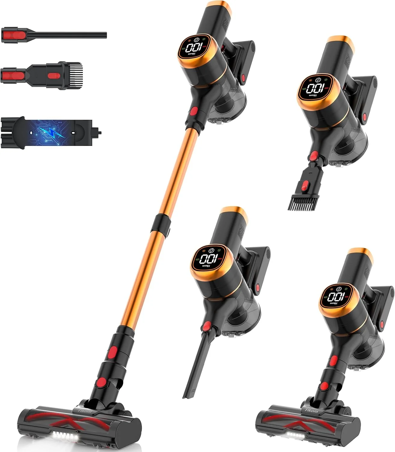 جاروبرقی عصایی بی سیم تیکوم V500 مناسب منزل، قدرت مکش 40000Pa/450W، دارای صفحه نمایش لمسی LED، پایه شارژ دیواری، ضد گره خوردگی، جاروبرقی دستی سبک وزن مناسب موی حیوانات خانگی، سطوح سخت و فرش